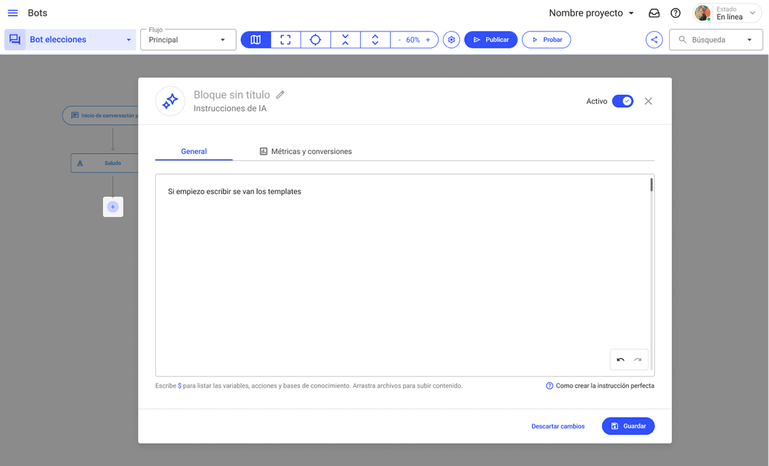 Interfaz de creación de prompts para bots