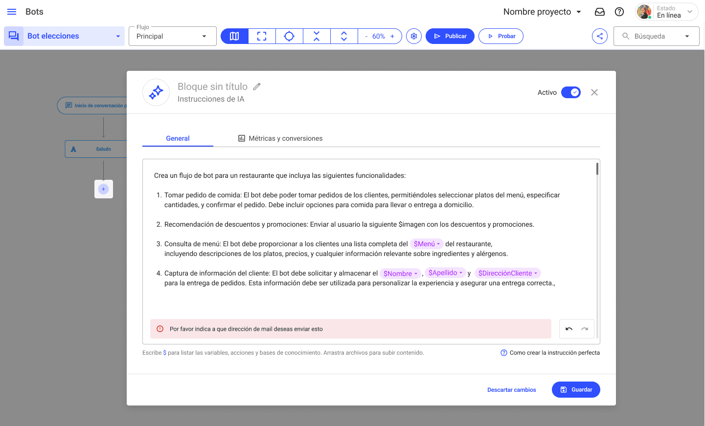 Interfaz con mensaje de error