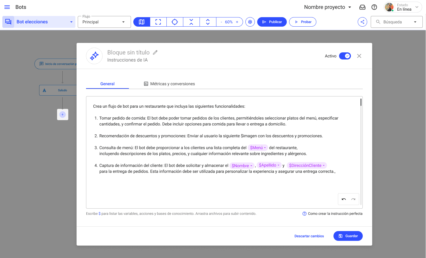 Interfaz de bot con instrucciones para restaurante