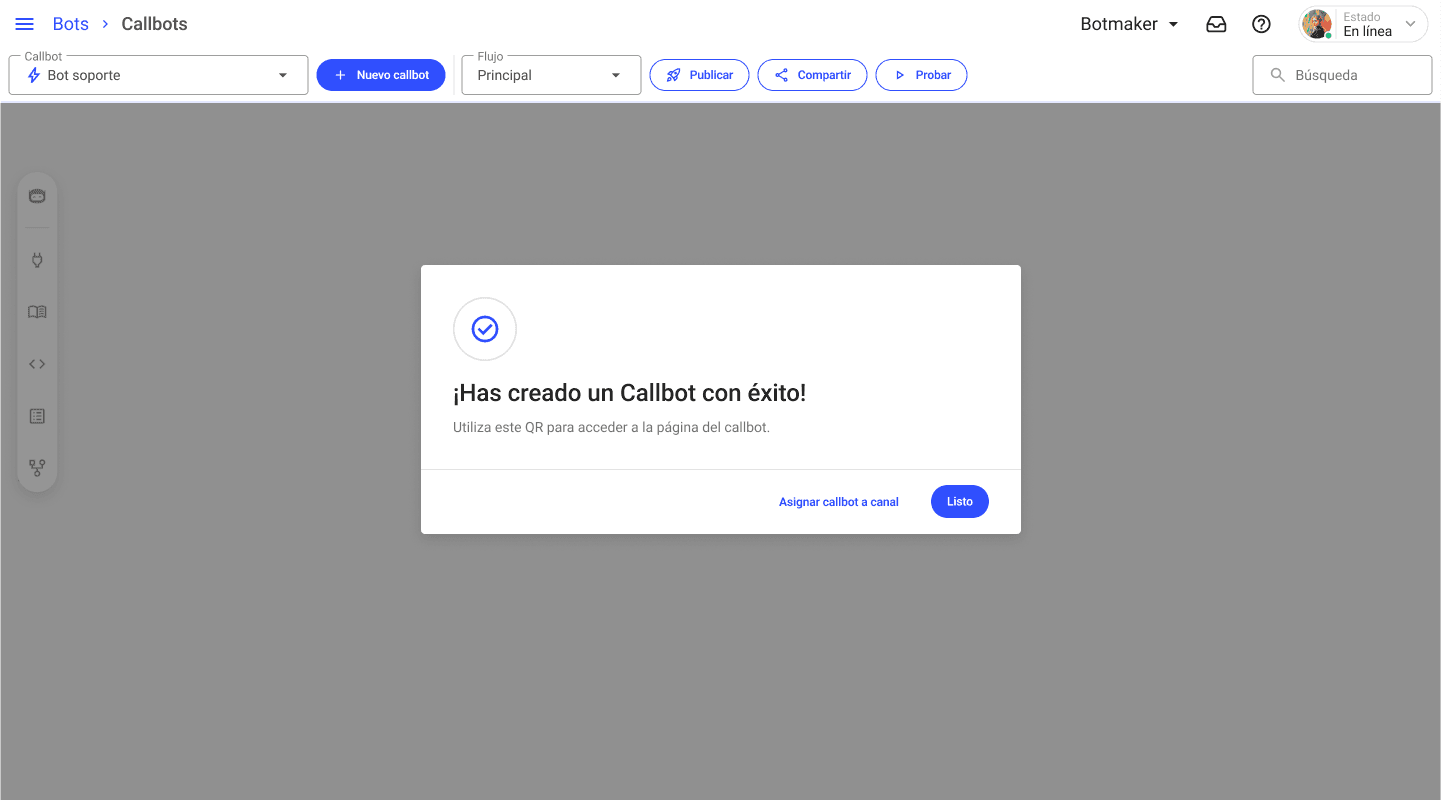 Mensaje de éxito al crear callbot