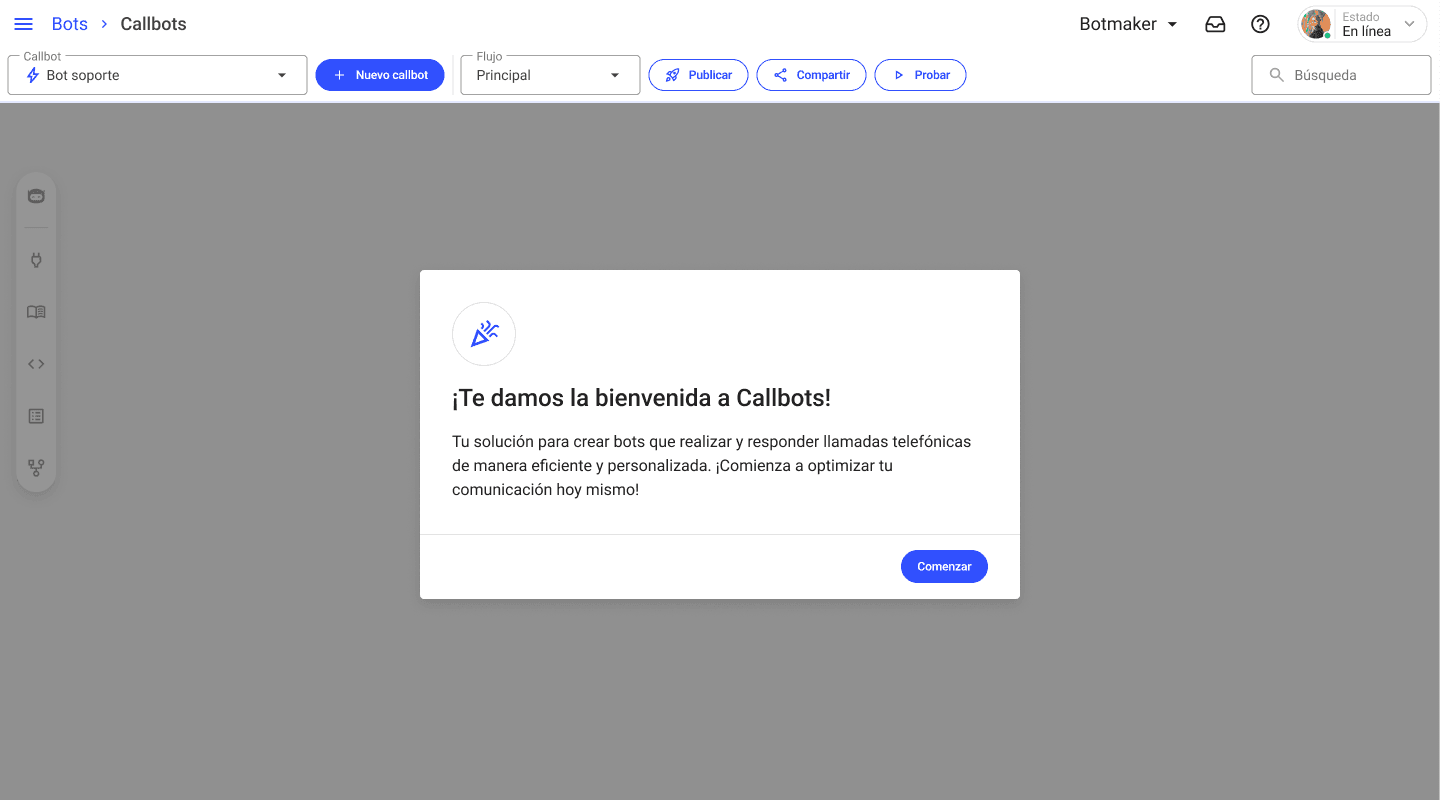 Pantalla de bienvenida a Callbots