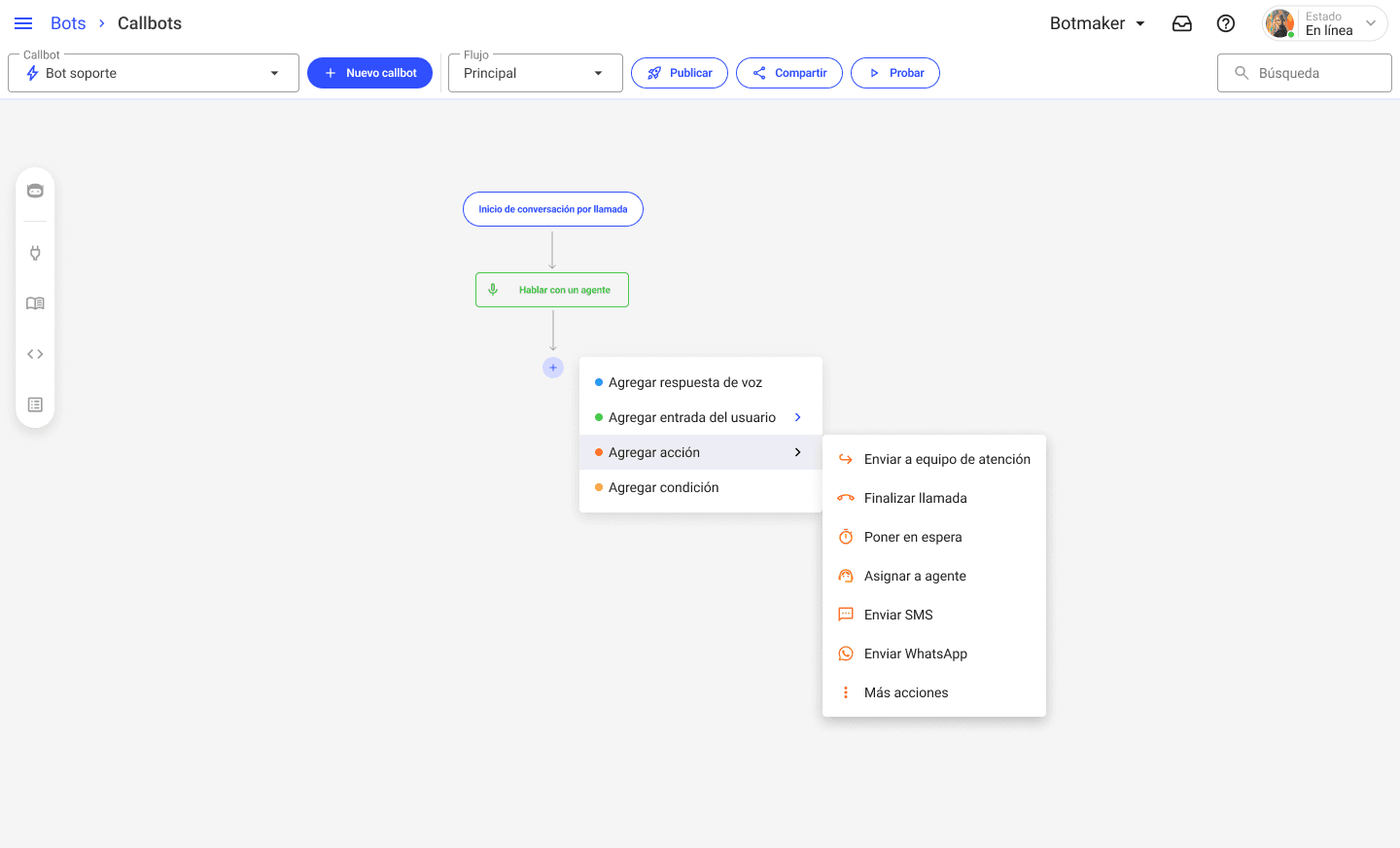 Menú de acciones para callbot