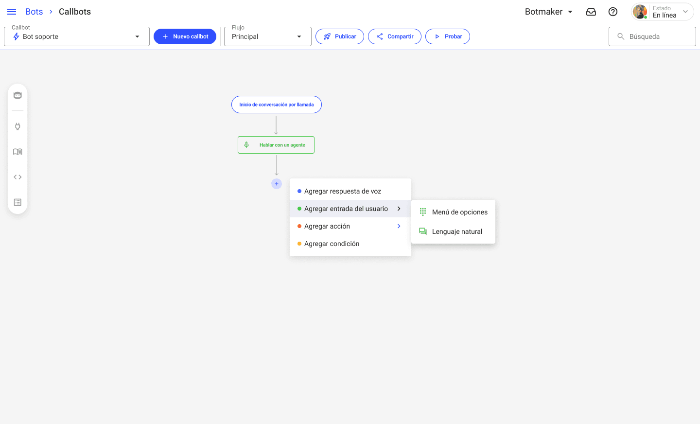 Opciones de configuración de callbot