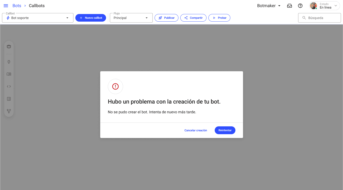 Mensaje de error al crear callbot