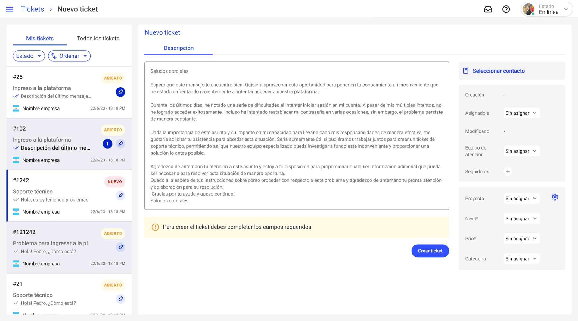 Creación de nuevo ticket