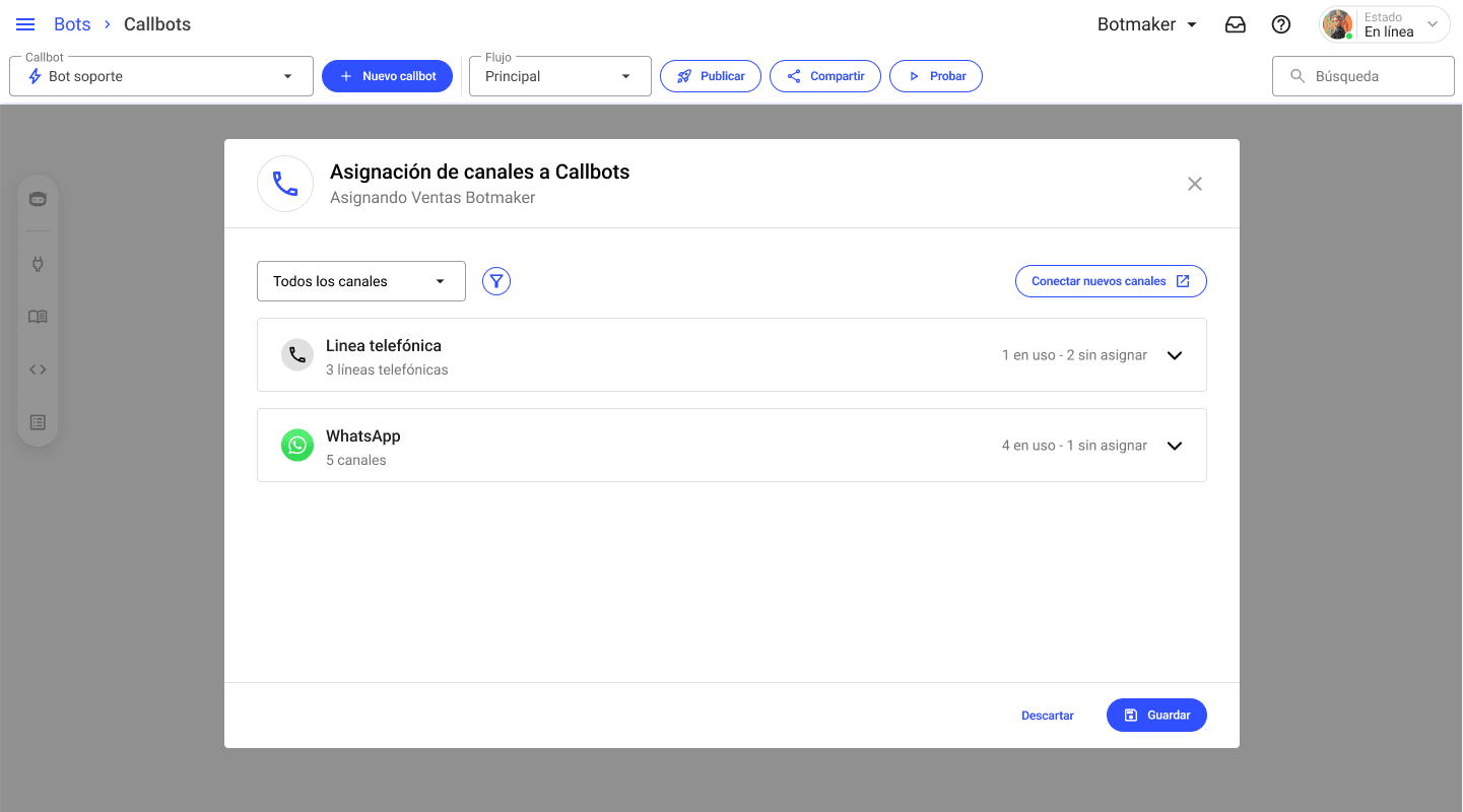 Asignación de canales a Callbots